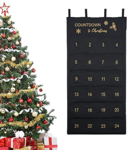 Weihnachts-Adventskalender, Adventskalender 2024, Weihnachten Hängende Weihnachts Adventskalender aus Stoff mit 24 Taschen für Weihnachtsdekoration (Black)