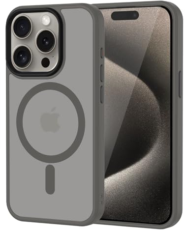 XTCASE Coque pour iPhone 15 Pro Max Magnétique Compatible avec MagSafe, Étui Mat Translucide Minimaliste, PC Dur Housse Arrière Anti-Rayures + TPU Bumper Antichoc - Gris