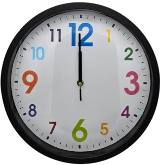 DC VOLTAGE Moderne bunte Kinder-Wanduhr, geräuschlos, nicht tickend, Quarz, batteriebetrieben, dekorative runde Uhr für Kinderzimmer, Schule, Zuhause (schwarz)