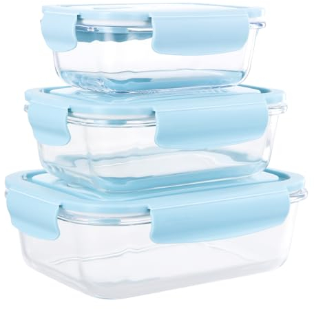 Cozlly Recipientes de Cristal para Alimentos, Set de 3 Fiambreras de Alimentos Tapers para Comida Hermetico, Contenedores de Vidrio con Tapas Aptos para microondas, frigorífico, sin BPA