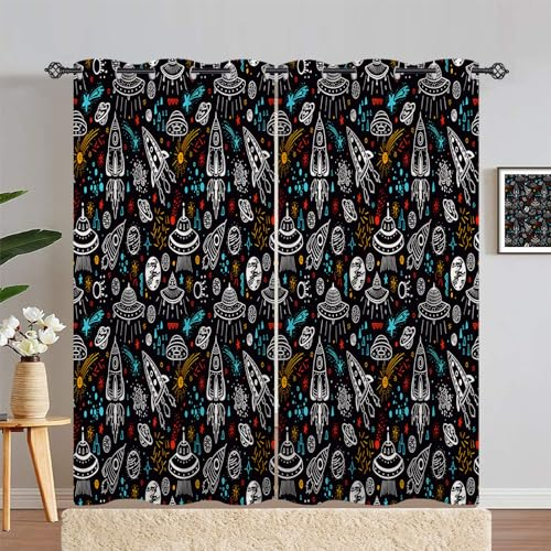 ANHOPE Weltraum Planeten Rakete Vorhänge mit Ösen Blickdichte Gardinen Blackout Curtain Thermo Vorhang Kinder Jungen Mädchen Schlafzimmer Wohnzimmer Verdunklungsvorhänge 2er Set H 183 x B 168 cm