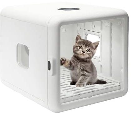 Kindevieft Caja Secadora AutomáTica para Mascotas para Gatos Y Perros PequeñOs, Caja Secadora para Gatos, Secador De Pelo para Perros Ultra Silencioso Capacidad De 65 litros, Secado De 360°, Blanco