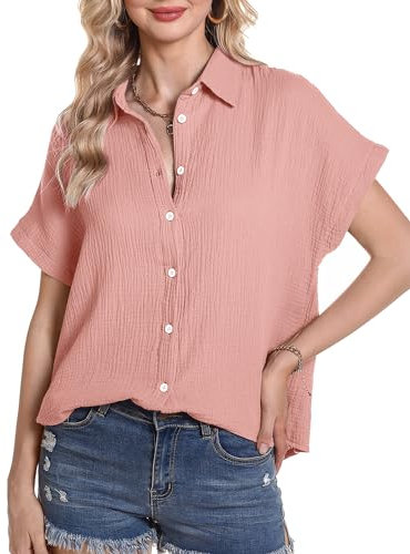 Aottori Chemisier Femme Manches Courtes Chic et élégant 100% Coton Chemise Col en V Chemisiers Blouses Haut Décontracté T-Shirts Été Tunique Tops Rose L