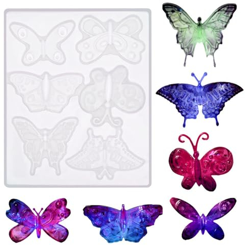 Molain Schmetterling Silikonform, Schmetterling Epoxidharz Form, 6 Stile 3D Schmetterling Silikon zum Gießen Kerzen Silikonformen für Schlüsselanhänger Ohrringe Halskette Brosche Basteln DIY(1pc)