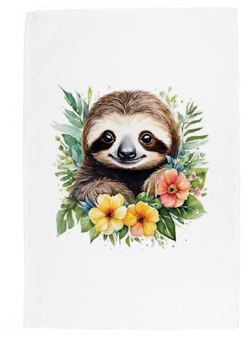 Purely Home Geschirrtuch mit floralem Faultier, exotische Tiere und Blumen, Naturgeschenk/Geschenk, Panama-Baumwolle, Küchentuch, Trockentuch, 67 cm x 45 cm
