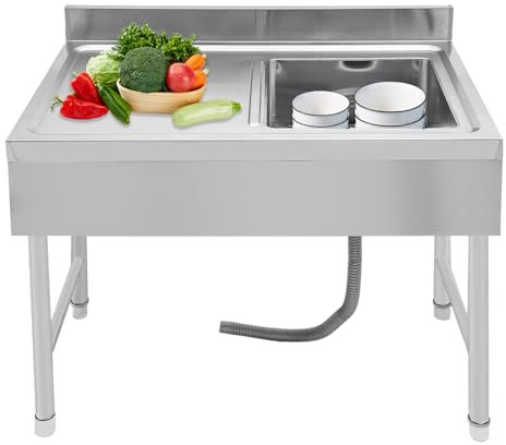 Fregadero de acero inoxidable, fregadero independiente, 100 x 50 x 90 cm, 1 cuenco, fregadero de cocina derecho, lavabo para exterior, interior, cocina, restaurante