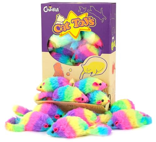 CHIWAVA 24PCS 2.8 Rainbow Color Furry Cat Toy Mice with Rattle Kitten Mouse Interactive Play