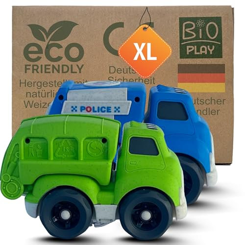 BIOPLAY® 2-er XL Truck Set | Bio Kunststoff | Nachhaltiges Spielzeug ab 1 Jahr für Jungen und Mädchen | Indoor und Outdoor | Polizei | Recyclingfahrzeug
