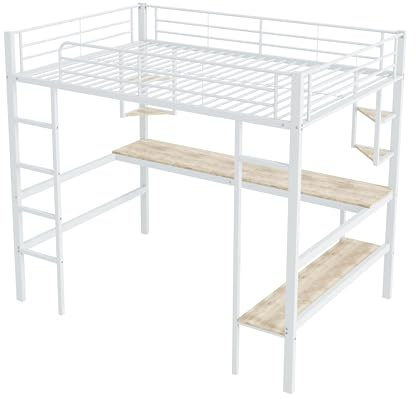 Azkoeesy Hochbett 140 x 200 cm, mit Schreibtisch, mit Ablage und Bücherregalen, mit Fallachutz und Gitter, Metall-Doppelbett für Erwachsene, weiß