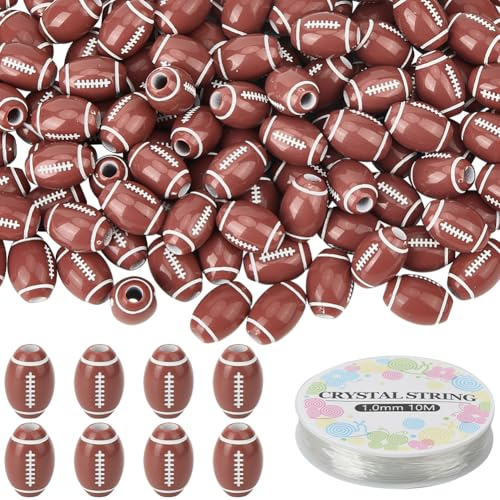 SUNNYCLUE 120 Stück Rugbyball Perlen Fußball Perlen 15 x 11mm Acryl Sport Abstandshalter Anhänger Mit 11 Yards Elastischer Kordel Für Armbänder Halsketten Schmuckherstellung Anhänger Schlüsselanhänge