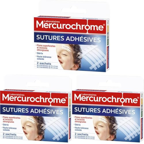 MERCUROCHROME sutures Adhésives - plaies superficielles et incisions chirurgicales, Stérile, Haute tolérance, Cutanée, 2 sachets de 5 bandelettes de 75 x 3 mm et 3 de 75 x 6 mm (Lot de 3)