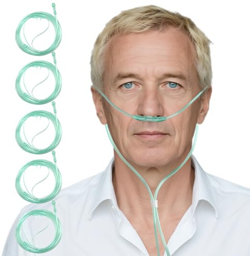 5 Pack Nasal Cannulas for Oxygen, 6.6 Ft Cannula Nasal Tubing for Oxygen, Standard Connector, Green Tubing and Each Lndividual Packing