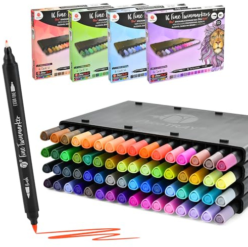 Deco Time Fine Alcohol Markers with Stackable Alcohol Marker Storage Tray - 16 Twin Exra Fine & Brush Markers - Coloured Marker Pens for Adults, Kids - Quick Dry Art Supplies for Drawing & Colouring
