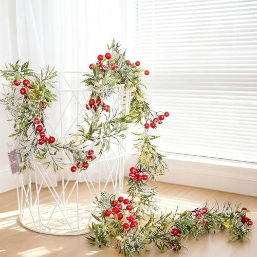 Weihnachtsgirlande mit Beleuchtung, RosyFate Weihnachten Lichterketten, mit Rot Beeren, Weihnachten Girlande mit LED, Tannengirlande, Weihnachtsdeko Girlande