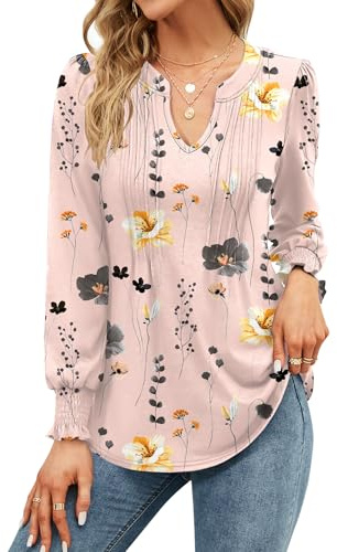 EFFAN Womens Tops V Neck Long Sleeve Christmas Elegant Floaty Floral Printed The Holiday Shirt Party Tunic Blouse Apricot Floral XL (UK 18-20)