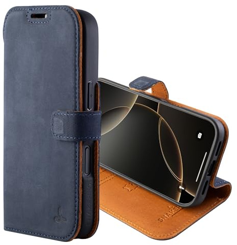 Snakehive Genuine Leather Wallet Case for iPhone 17 Pro – Flip Cover with Card Slots & Stand (Navy)