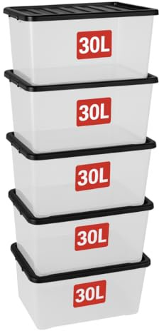 Marco Paul 4 x 30 Litre Clear Plastic Storage Boxes With Lids Set of 4, Strong Multipurpose Stackable Plastic Storage Box With Lid 30L Clear Containers For Home, Kitchen, Garage, Office