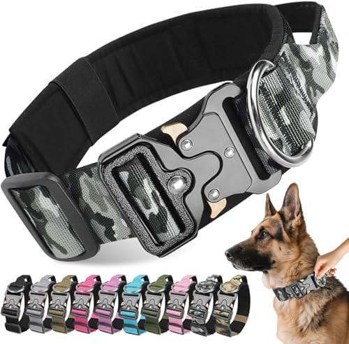 Viugex Collier de Chien Tactique, Militaire Collier Réglable Chien Rembourré, Collier pour Chien Durable avec Boucle en Métal, Idéal pour Petits, Moyens et Grands Chiens (Camouflage Gris, L)