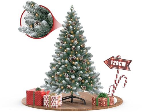 Künstlicher Weihnachtsbaum mit Beleuchtung 120cm Tannenbaum Schneespitzen | PVC Christbaum, Dichte Zweige, 2-Teilig, Naturgetreu, Tannenzapfen-Dekoration, Schwer Entflammbar, Weihnachtsdekoration