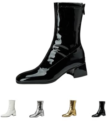 Stivaletti Da Donna in Pelle Verniciata, Eleganti Stivali Casual Con Testa Quadrata E Tacco A Blocco Cerniera Posteriore Stivaletti Alla Moda Con Tacco Medio Stivali Equitazione