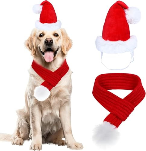 2 Stück Weihnachten Hundekostüm, Weihnachtsmütze und Schal für Hunde, Hundekostüm Weihnachten mit Verstellbarem Schal, Weihnachtens Haustier Kostüm für Kleine, Mittelgroße, Große Hunde (L)