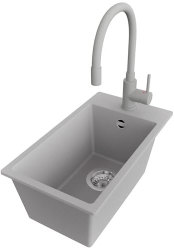 PRIMAGRAN Granitspüle ab 30er Unterschrank + Küchenarmatur, 28x50cm | Set: Küchenarmatur BW6020 + Ablauf-Set (Siphon, Ablaufgarnitur, Überlauf) + Spülbecken 1 Becken - Riga, Grau
