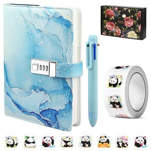 Secret Diary with Lock for Girls and Women, Lockable Kids Diary, A5 PU Leather Notebook, Journal with Lock, Pen, Fun Sticker and Gift box, Password Locked Secret Diary for Girls Ages 8-14 (Blue)