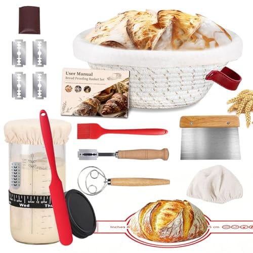 Gärkörbchen Sauerteig Starter Set, 700ml Sauerteig Glas, Gärkorb rund 25cm & Liner – Komplettes Brot Backen Zubehör, handgefertigtes Brotbackzubehör für Bäcker und Brotback Anfänger