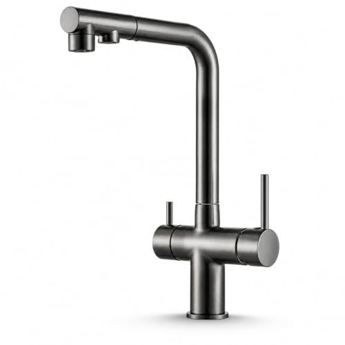 Ari 3-Wege-Küchenarmatur mit Ausziehbarer Brause Wasserfilter-Anschluss 360° Drehbar Spültischarmatur Mischbatterie für Spülbecken Graphit Venom Pull-Out