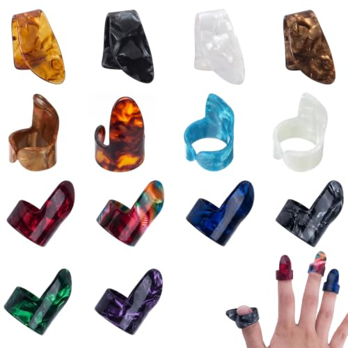PYRUVAE 14 Stücks Einstellbares Fingerpicks, 4 Daumenplektren & 10 Fingerpicks für Gitarre Banjo Bass, Einstellbares Gitarren Plektrum Set, Buntes Gitarre Zubehör für Akustik- und E-Gitarre