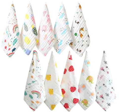 GATHINESS 10stücke Baumwolle Handtuch Gesichtstuch für Neugeborene Säuglingshandtuch Stillhandtuch Seersucker Design Cartoon Muster Saugfähig Hautfreundlich Zufälliger Stil