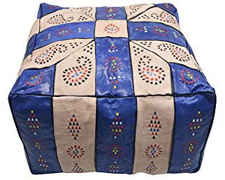 Quadratischer ägyptischer Sitzsack aus Naturleder, handgefertigt in Kairo von Meisterhandwerkern aus Leder, Beige und Blau, Cuadrado