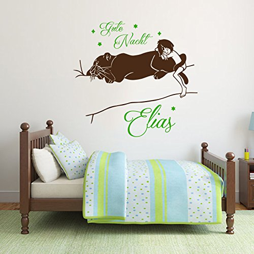 Vinyl Wandtattoo Dschungelbuch Jungle Book Mowgli Schlafender Bagheera und Mogli Gute Nacht mit Namen Mädchen Junge Kinder Rudyard Kipling Wandaufkleber Wandsticker Wanddekoration Kinderzimmer A608
