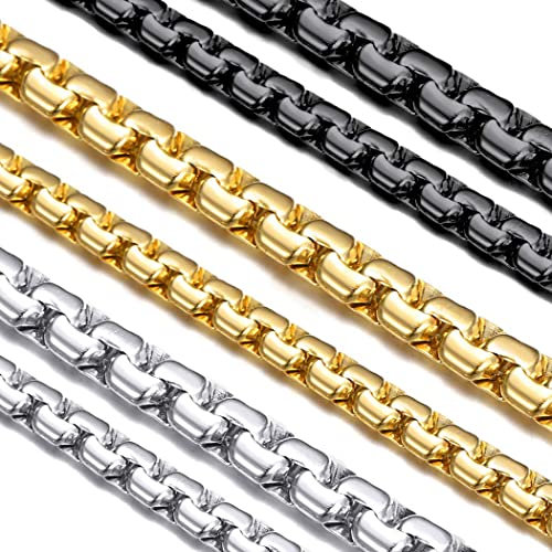Suplight Men's Stainless Steel Chain Necklace 18 Inch Flat Box Chains 4MM Sturdy Hip Hop Cowboy Metal Black Chain Jewellery for Men