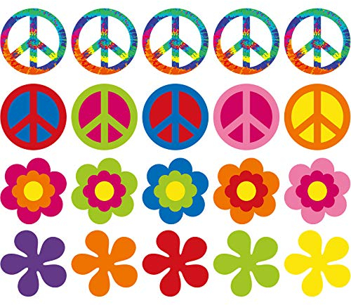 20 Stücke 60er Jahre Party Ausschnitt Groovy Ausschnitte Dekoration Retro Blumen Ausschnitte Frieden Zeichen Ausschnitte mit Klebepunkten für 60er Jahre Thema Party Dekorationen, 7,9 x 7,9 Zoll