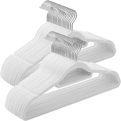 SONGMICS Velvet Hangers, Set of 50 Coat Hangers for Clothes, Non-Slip, with Tie Bar and 360?Swivel Hook, Space-Saving, 0.6 cm Thick, 43.5 cm Long, for Trousers, Silver and White CRF020W02