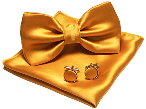 JEMYGINS Herren Fliege Gelb 5 Satin Fliege und Einstecktuch mit Manschettenknöpfe Sets