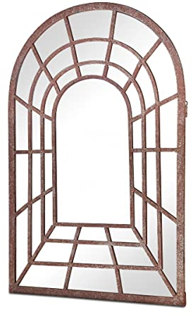 MirrorOutlet Large Metal Rustic Arched Shaped Window Garden Outdoor Mirror 77cm X 50cm, GM098, Bronze