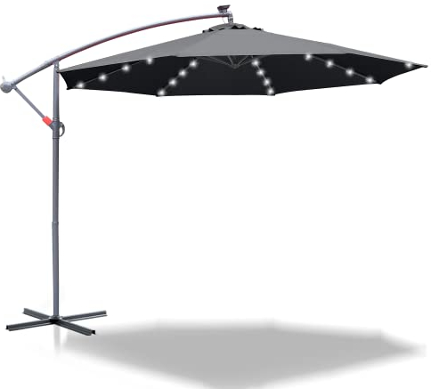 Joparri SombrillasØ300/350 cm con manivela, sombrilla de jardín con soporte, protección UV, paraguas impermeable (Gris con LED, 300 cm)