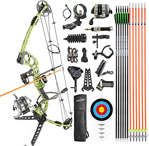 surwolf Bowfishing Compound Bogen Set Fertig zum Fischen Kit mit Bowfishing Reel, Bogen Angeln Pfeile Rechts Links Hand für Erwachsene Jugend Angeln Jagd, Zielschießen (Linkshänder, grün)