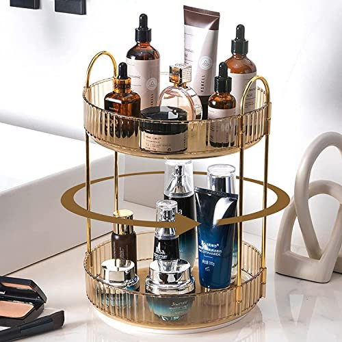 Bingobang Make-up-Organizer, 360 drehbar, drehbar, 2 Ebenen, Hautpflege, Kosmetik-Organizer, Acryl, groß, ordentliches Aufbewahrungsregal für Parfüm, Schmuck, Pinsel, Schlafzimmer, Badezimmer (Gold)