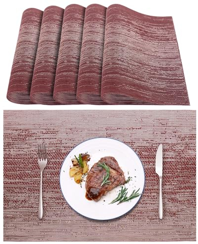 Lumaca Tischsets Abwaschbar, Set mit 6 Platzset aus 70% PVC und 30% Polyester, Leicht zu Reinigen, rutschfest, Hitzebeständig, für Küchentisch und Restaurants,Weinrot