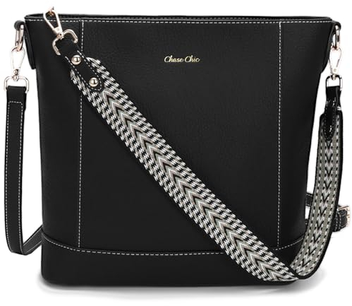 Chase Chic Umhängetasche Damen, PU Leder Handtasche Crossbody Bag Schultertasche,Hobo Tasche Kleine mit 2 verstellbarem Riemen für Alltag, Büro Einkauf Schwarz