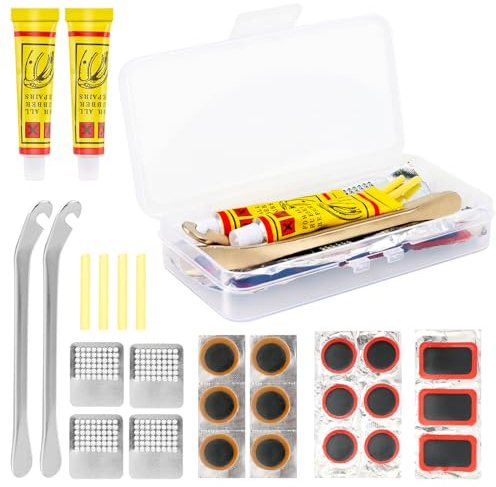 Kit Reparation Velo, MXTIMWAN 27 Pièces Rustine Chambre a Air, Kit de Réparation Crevaison, Kit de Rustine Réparation Pneu Vélo pour Les vélos de Route, Montagne, Caoutchouc Gonflable