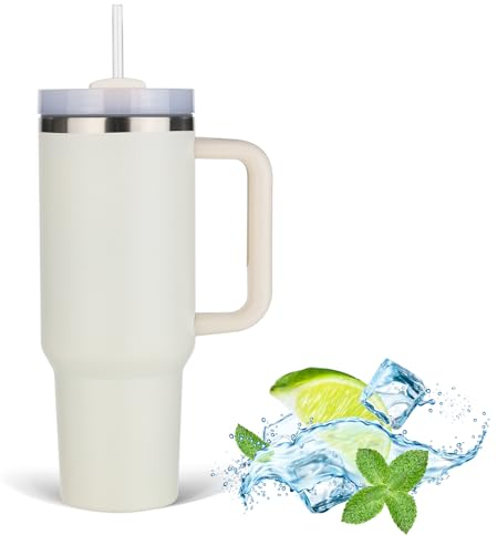 JFABL 40 oz Thermobecher mit Strohhalm und Henkel, Doppelwandiger Edelstahl Vakuum Kaffeebecher mit Deckel, Autobecher Tumbler Isolierbecher mit Griff für Heißer und Kalter Getränke,1182 ml (Creme)
