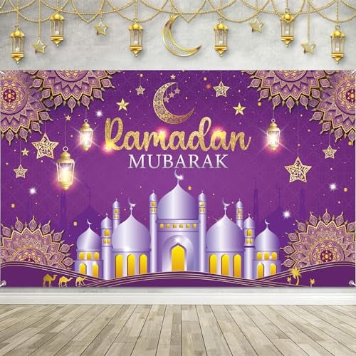 Ramadan Dekoration Lila, Ramadan Mubarak Hintergrund Banner, XXL Ramadan Kareem Banner für Muslim islamische Party Ramadan Deko(180 * 110cm)