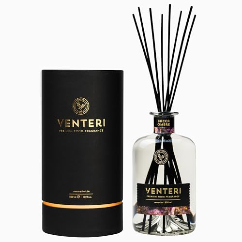 Venteri Raumduft Bacca Ombre 500ml Luxus Duft- Noten vonLeder, Safran, Vanille, Sandelholz, Amber und Ylang Ylang. Diffuser mit 8 Duftstäbchen.
