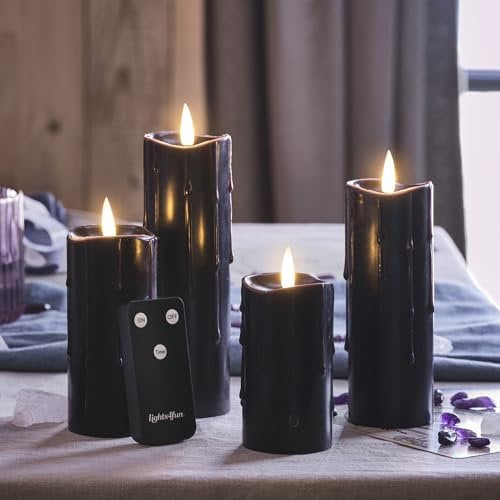Lights4fun Set of 4 Slim TruGlow® Battery Operated LED Flameless Pillar Candles Black Dripping Effect Real Wax with Timer and Remote Control Indoor Use