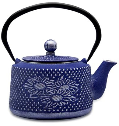 Cast Iron Teapot with Strainer, Japanese Teapot, Cast Iron Tea Kettle, Teapot with Purple with Silver Floral Pattern, Cast Iron Tea Kettle with Strainer for Home and Office, Oolong Tea and Green Tea