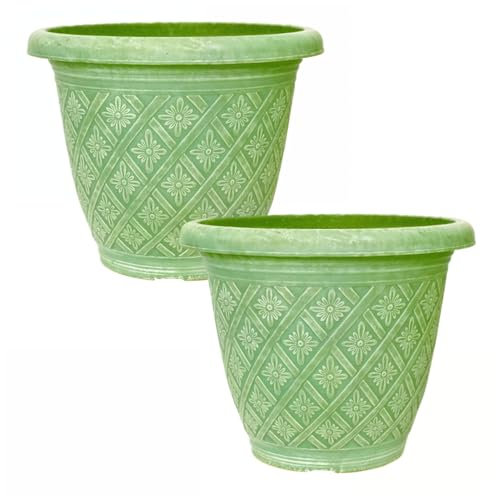 Fyne-Finds Set of 2 Round 33cm 13inch Garden Plant Pot Woven Flower Outdoor Decor Planter Frost Proof, Weatherproof, Drainage Hole (Moss Green)